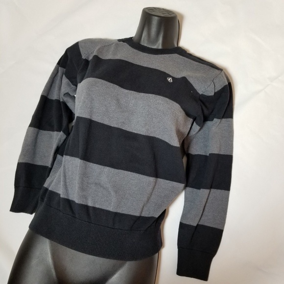 B26 VOLCOM Boys Black And Gray Striped Sweater M - Picture 1 of 4